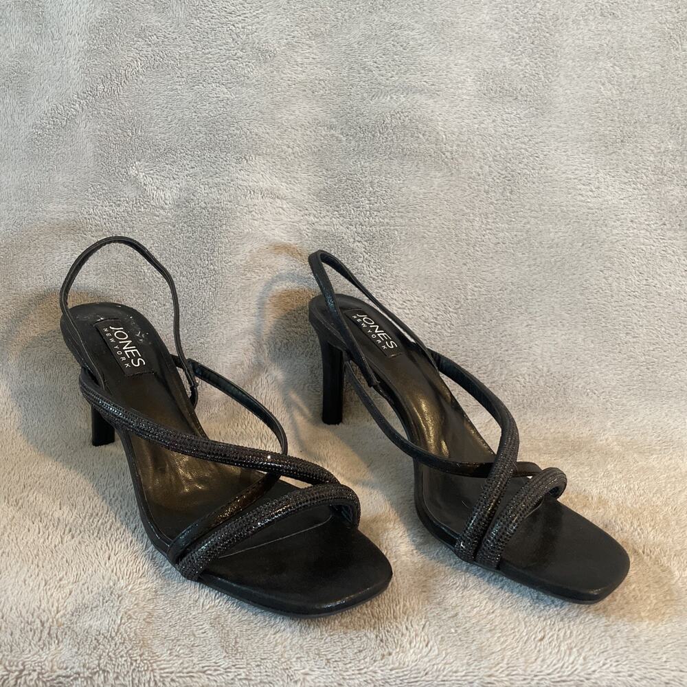 Vintage Y2K Women's Sandal Heels Black Beaded Jeweled Square Toe Size 8.5 Kitten